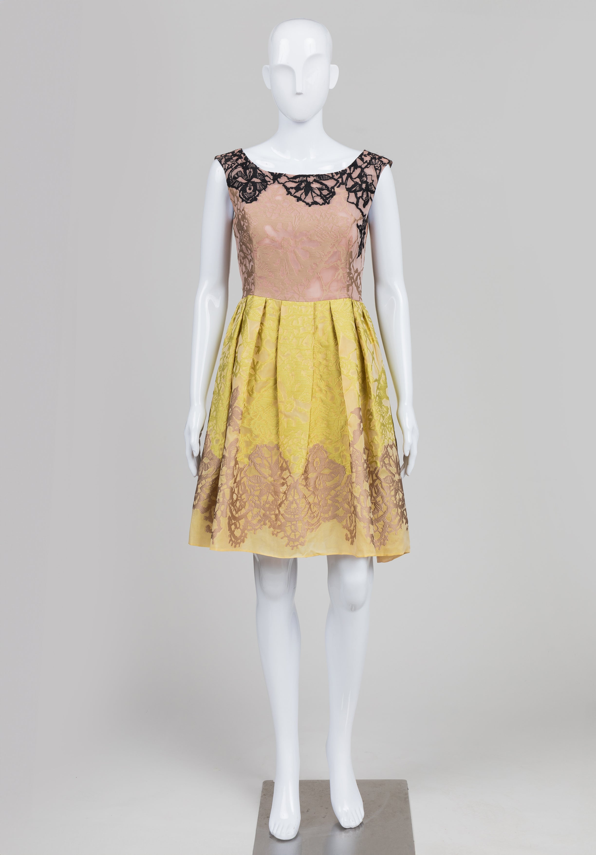 Valentino Taupe/Citron Brocade Fit & Flare Dress w/ Black Embroidery