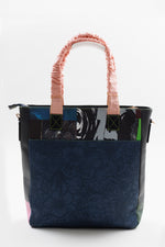 Load image into Gallery viewer, Joanne Hynes patchwork print polyurethane blue, green, pink, and gray tote bag
