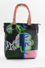 Load image into Gallery viewer, Joanne Hynes patchwork print polyurethane blue, green, pink, and gray tote bag
