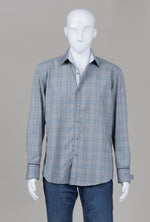 Load image into Gallery viewer, Zagiri grey &amp; blue check long sleeve shirt with tabbed cuff (L)

