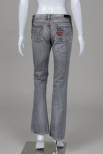 Load image into Gallery viewer, Citizens of Humanity charcoal distressed Kelly bootcut jeans with back pocket peace embroidery (28)
