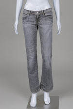 Load image into Gallery viewer, Citizens of Humanity charcoal distressed Kelly bootcut jeans with back pocket peace embroidery (28)
