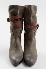Load image into Gallery viewer, Frye khaki slip on high heel boots with platform and brown leather strap detail (7.5)

