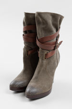 Load image into Gallery viewer, Frye khaki slip on high heel boots with platform and brown leather strap detail (7.5)
