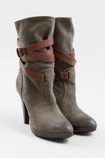 Load image into Gallery viewer, Frye khaki slip on high heel boots with platform and brown leather strap detail (7.5)
