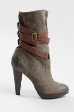 Load image into Gallery viewer, Frye khaki slip on high heel boots with platform and brown leather strap detail (7.5)
