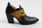 Load image into Gallery viewer, John Fleuvog black slip on booties with cut out and yellow &amp; black strap detail (9.5)
