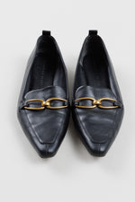 Load image into Gallery viewer, Veronica Beard black pointed loafer with gold detailing (8.5)
