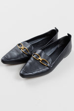 Load image into Gallery viewer, Veronica Beard black pointed loafer with gold detailing (8.5)
