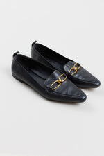 Load image into Gallery viewer, Veronica Beard black pointed loafer with gold detailing (8.5)
