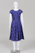 Load image into Gallery viewer, Custom Made Blue with Gold Overall Flower Print Brocade Midi Dress
