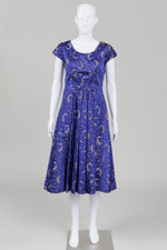 Load image into Gallery viewer, Custom Made Blue with Gold Overall Flower Print Brocade Midi Dress
