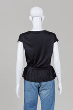 Load image into Gallery viewer, Paul Smith Navy Rose Print w/ Black Back Button Front Cap Sleeve Shirt w/ Peplum Bottom (M)
