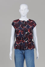 Load image into Gallery viewer, Paul Smith Navy Rose Print w/ Black Back Button Front Cap Sleeve Shirt w/ Peplum Bottom (M)
