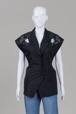 Load image into Gallery viewer, Mazida Black Cap Sleeve Front Button Top with Belt Closure (7)
