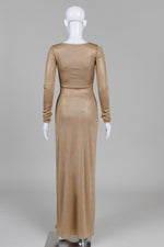 Load image into Gallery viewer, BCBGMaxAzria Gold Jersey Fitted Long Sleeve Maxi Dress w/ Side Slit (XS)
