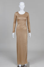 Load image into Gallery viewer, BCBGMaxAzria Gold Jersey Fitted Long Sleeve Maxi Dress w/ Side Slit (XS)
