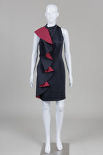Load image into Gallery viewer, Ted Baker Black Sheath Dress w/ Side Ruflle w/ Bordeaux Contrast (2)
