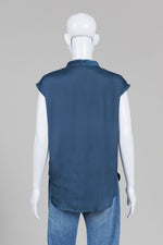 Load image into Gallery viewer, Witchery Teal Sleeveless Blouse w/ Stitched Pleate Stand Collar (6)
