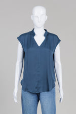 Load image into Gallery viewer, Witchery Teal Sleeveless Blouse w/ Stitched Pleate Stand Collar (6)
