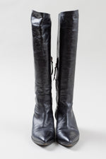 Load image into Gallery viewer, Miu Miu black leather knee high heeled boots with side silver zipper (7.5)
