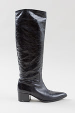 Load image into Gallery viewer, Miu Miu black leather knee high heeled boots with side silver zipper (7.5)
