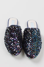 Load image into Gallery viewer, Betsey Johnson black and purple sequined flat mules (6)
