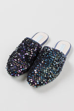 Load image into Gallery viewer, Betsey Johnson black and purple sequined flat mules (6)
