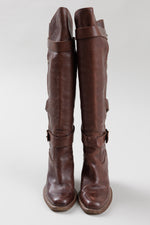 Load image into Gallery viewer, Barbara Bui brown knee high heeled slip on boots with adjustable straps (37)
