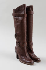 Load image into Gallery viewer, Barbara Bui brown knee high heeled slip on boots with adjustable straps (37)
