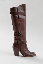 Load image into Gallery viewer, Barbara Bui brown knee high heeled slip on boots with adjustable straps (37)
