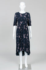 Load image into Gallery viewer, AllSaints black/pink floral crinkle 1/2 sleeve dress w/ hi-lo hem (36)

