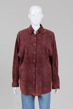 Load image into Gallery viewer, Victoria Leather Vintage Bordeaux Suede Shirt Jacket w/ Gold Studs (M)
