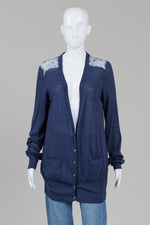 Load image into Gallery viewer, Tory Burch Navy V-front Cardigan w/ Peacock Print Silk Back (L)
