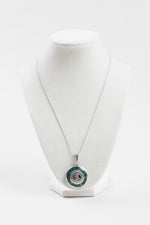 Load image into Gallery viewer, Aztec abalone/malachite inset  2-sided pendant. 19” 925 silver chain
