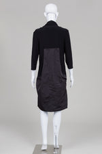 Load image into Gallery viewer, Joseph Ribkoff black 3/4 sleeve midi dress with draped cowl neckline and textured panels (14)

