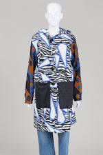 Load image into Gallery viewer, Kozan black&amp;white zebra pattern layered coat with blue geometric graphics (S) *New with tags $280
