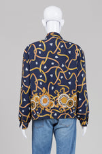 Load image into Gallery viewer, August Silk Petites vintage zip front silk jacket with gold clock and chain print (S)
