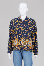Load image into Gallery viewer, August Silk Petites vintage zip front silk jacket with gold clock and chain print (S)
