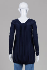 Load image into Gallery viewer, Miu Miu navy blue long sleeve V neck front and black pleated detail tunic top (36)
