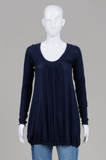 Load image into Gallery viewer, Miu Miu navy blue long sleeve V neck front and black pleated detail tunic top (36)

