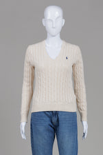 Load image into Gallery viewer, Polo Ralph Lauren off white cableknit V neck sweater (S)
