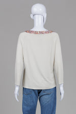 Load image into Gallery viewer, BCBG Max Azria cream color 3/4 sleeve knit sweater with multicolor sequin V-neckline (XL)
