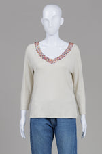 Load image into Gallery viewer, BCBG Max Azria cream color 3/4 sleeve knit sweater with multicolor sequin V-neckline (XL)
