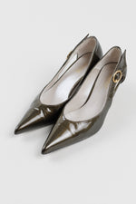 Load image into Gallery viewer, Ingledew’s Gracia patent olive green pointed heel with round gold buckle side detail (8)
