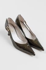 Load image into Gallery viewer, Ingledew’s Gracia patent olive green pointed heel with round gold buckle side detail (8)
