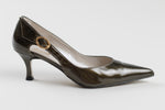 Load image into Gallery viewer, Ingledew’s Gracia patent olive green pointed heel with round gold buckle side detail (8)
