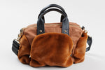 Load image into Gallery viewer, THREE FOUR TIME brown faux fur and vinyl crossbody bag, small watermark present on back.

