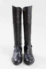 Load image into Gallery viewer, ILENIA P. Knee high black leather boots with back zipper and button detail, made in Italy (41).
