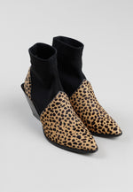 Load image into Gallery viewer, RODEBJER leopard print calf hair neoprene ankle boots w/ pointed toe (38)
